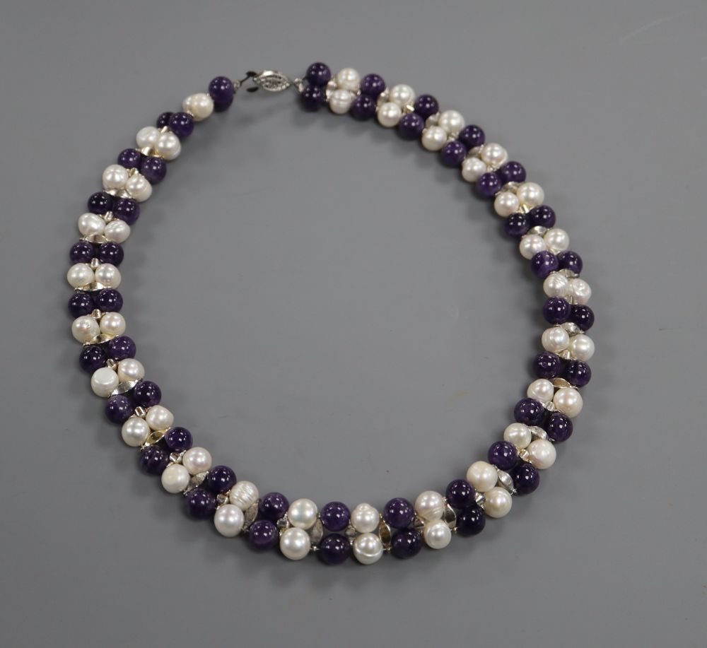 A modern fixed double row amethyst and cultured pearl set necklace, 92cm.
